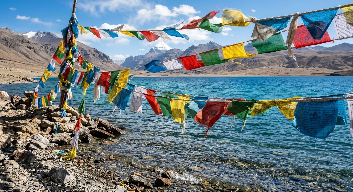 Close-up of prayer flags fluttering at Lake Mansarovar shore, crystal-clear water in foreground, barren high-altitude la