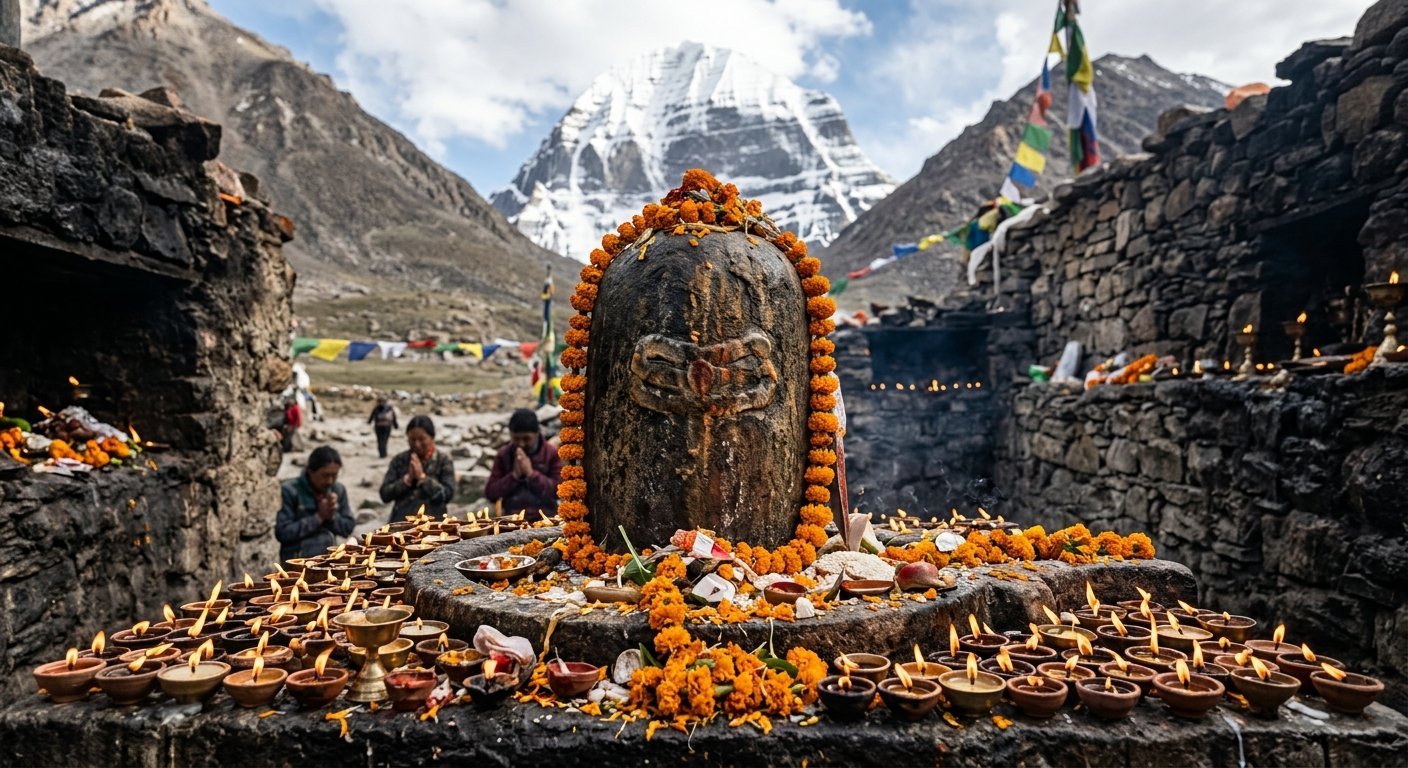 Closeup of ancient stone carved Shiva lingam near Kailash base, weathered by centuries, surrounded by butter lamps and m