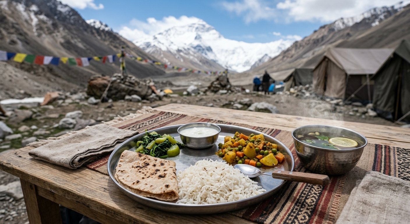 Simple Sattvic meal served at high altitude β rice, chapati, vegetables, warm herbal tea β on metal plates, camp setting