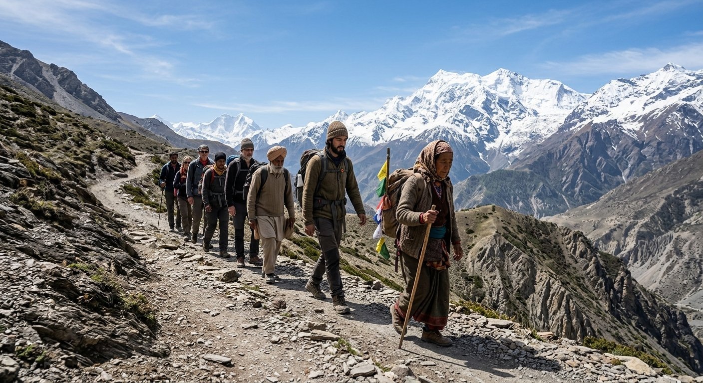 Small group of diverse pilgrims walking single file on rocky mountain trail, high altitude landscape, snow peaks, clear