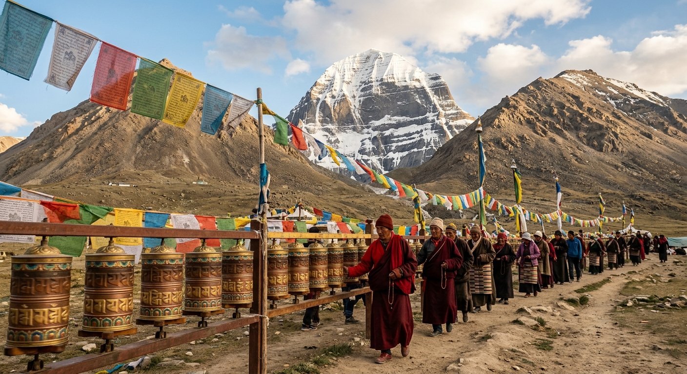 Fire Horse Year, devotees circumambulating in background, sacred mountain visible, warm