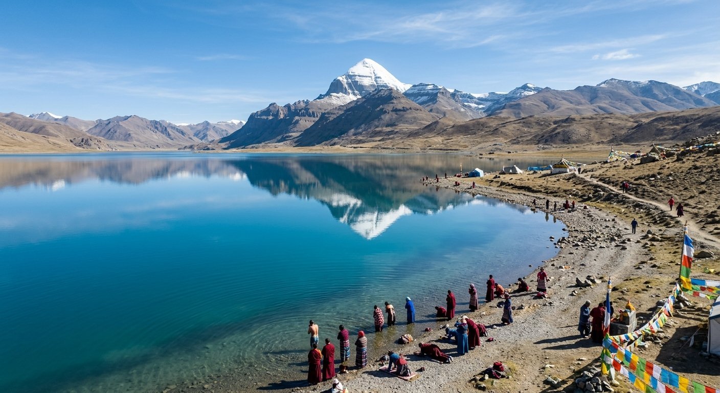 Aerial view of Lake Mansarovar reflecting Mount Kailash perfectly, crystal clear turquoise waters, pilgrims performing r