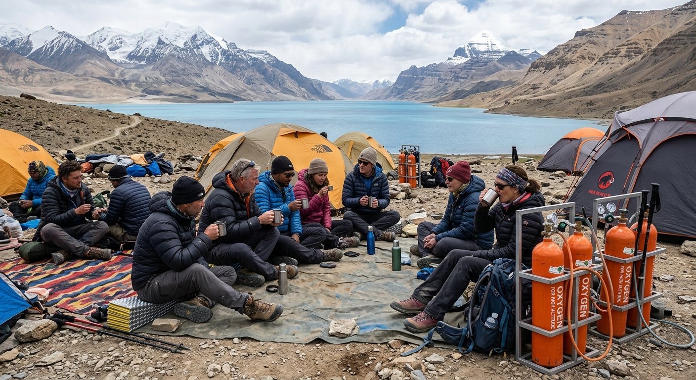 Group of diverse pilgrims resting at high-altitude camp near Mansarovar Lake, oxygen cylinders and support visible, moun