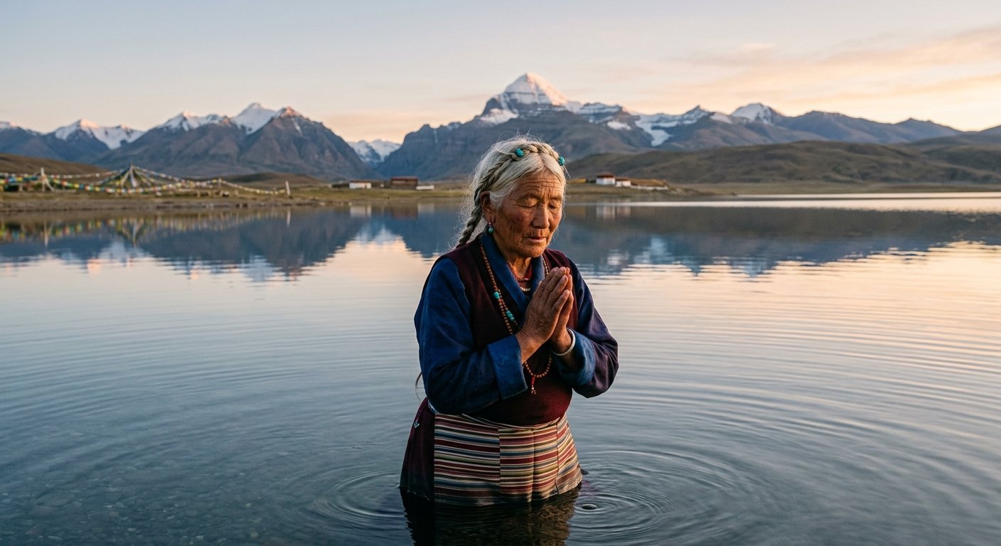 Senior pilgrim standing waist-deep in Lake Mansarovar, hands folded in prayer, snow-capped peaks reflected in still wate