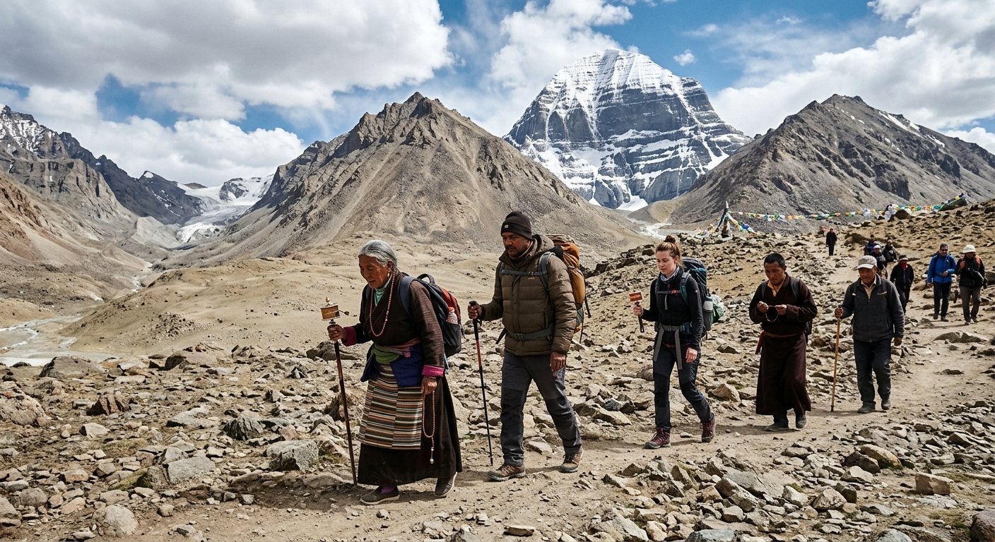 Pilgrims walking clockwise parikrama path around Mount Kailash, diverse ages and nationalities, rocky terrain at 5,000m
