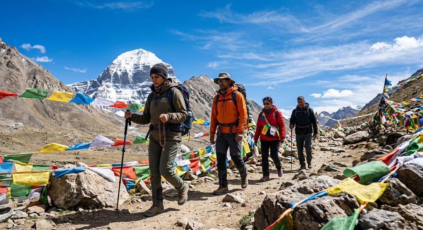NRI pilgrims in modern trekking gear walking Kailash Parikrama trail, prayer flags in wind, clear blue Tibetan sky, auth