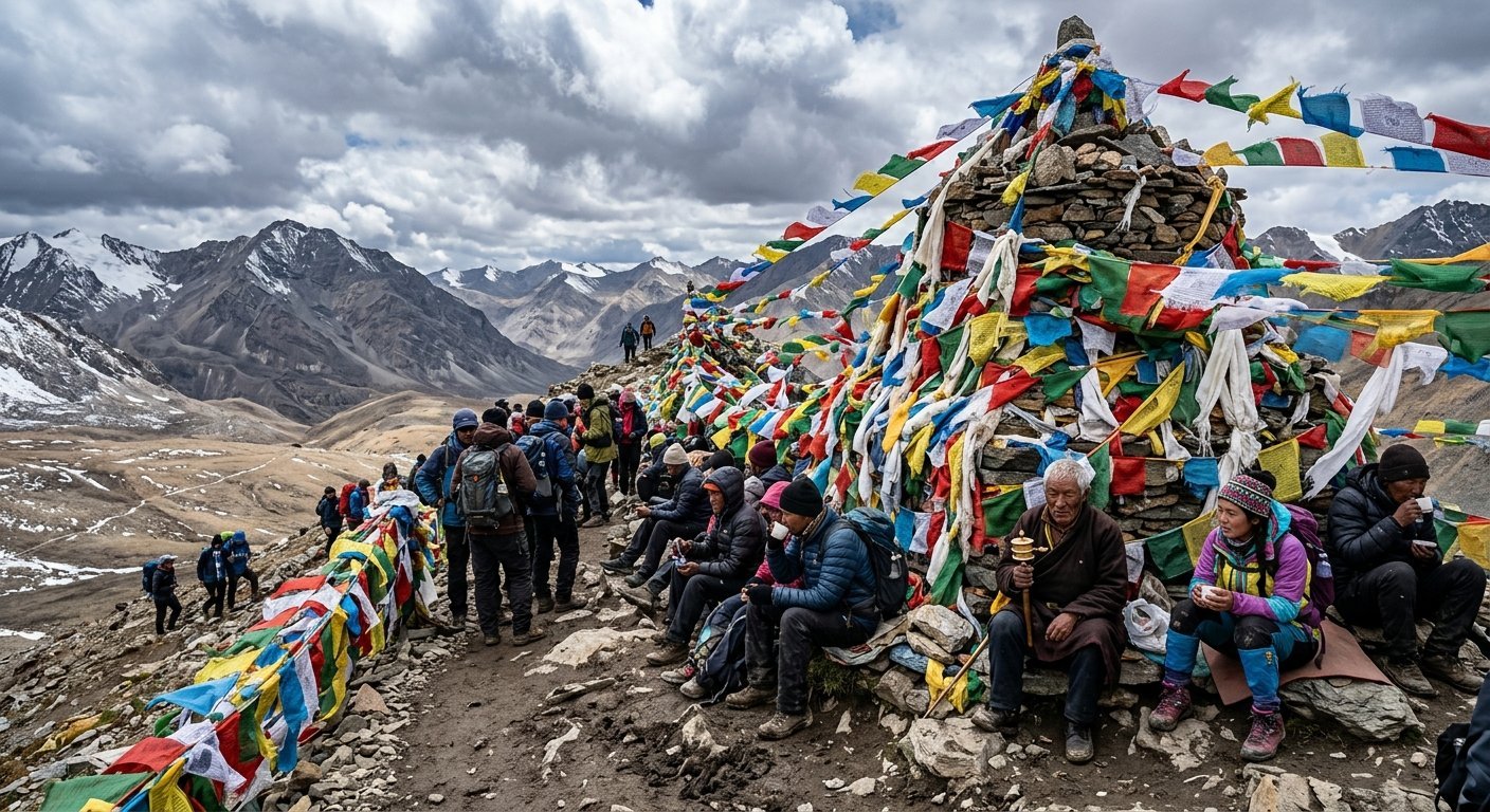 Dolma La pass summit at 5630m, dense prayer flags blowing in wind, pilgrims resting near stone cairn, rugged Tibetan pla