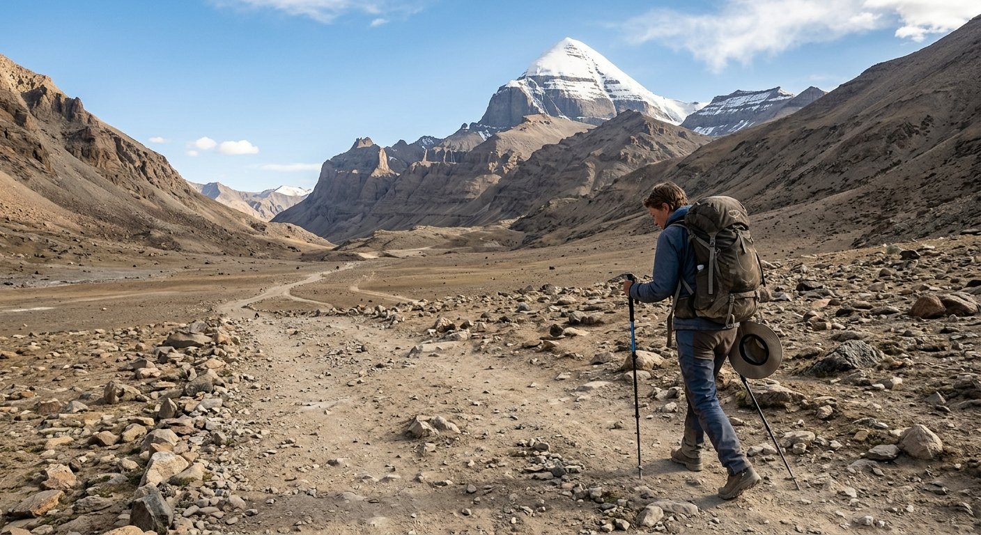 Tired trekker walking through Kailash valley, wide flat trail, scattered rocks, Mount Kailash in background, late aftern