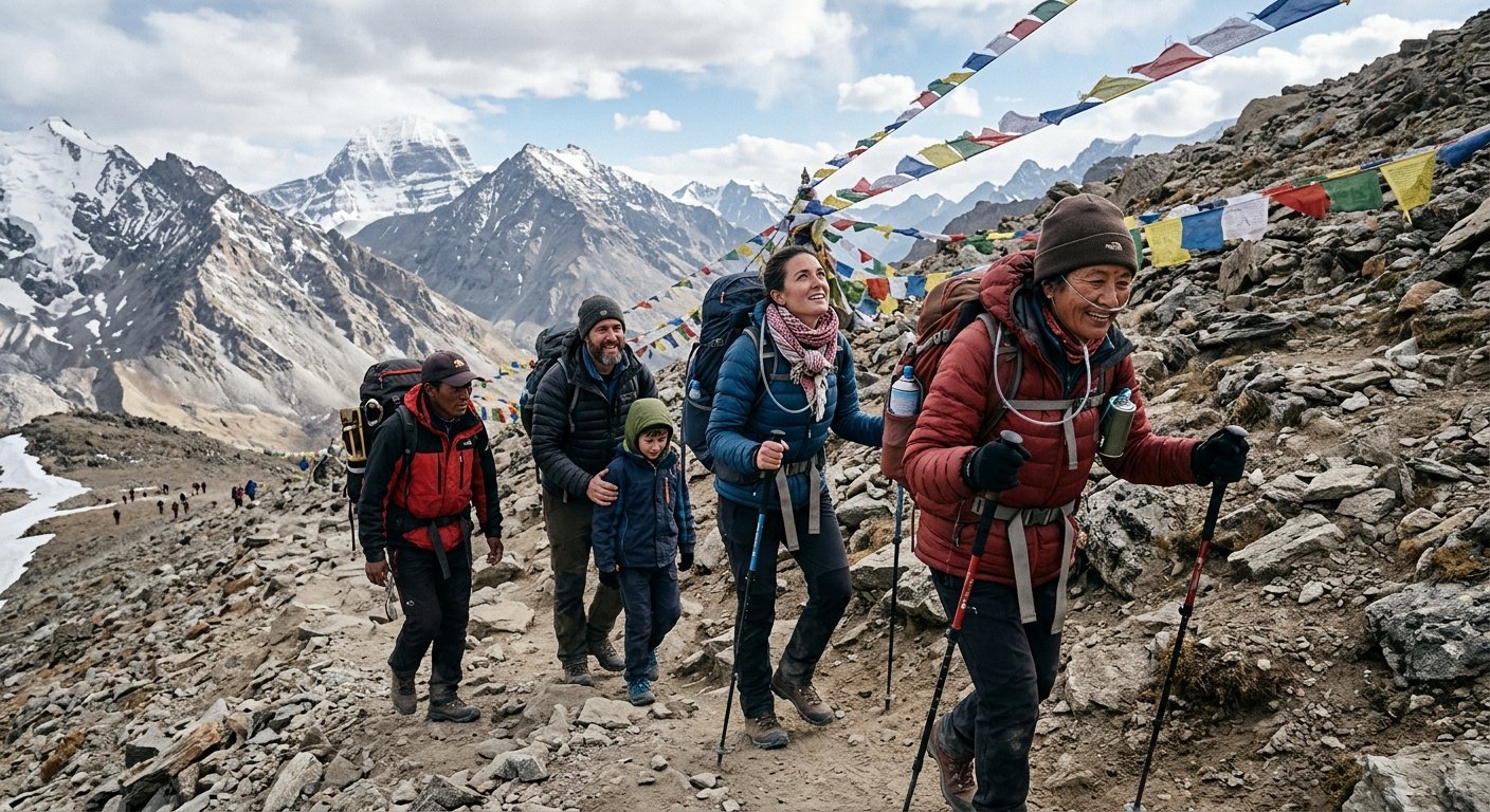 Small group of diverse age pilgrims crossing Dolma La Pass with guide, high altitude terrain, oxygen support visible, tr