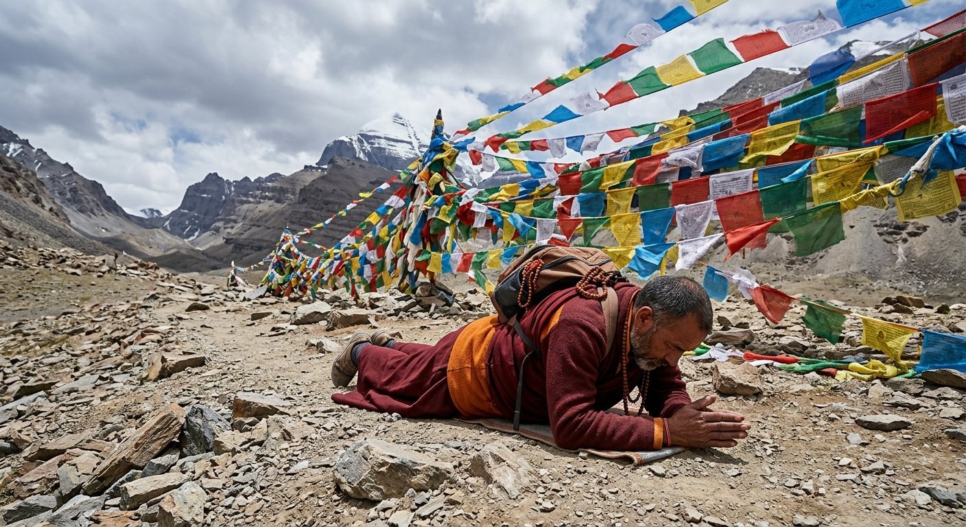Hindu pilgrim in traditional clothes prostrating at Mount Kailash sacred mountain
